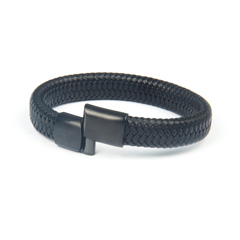 Black Braided Leather Bracelet with Magnetic Clasp