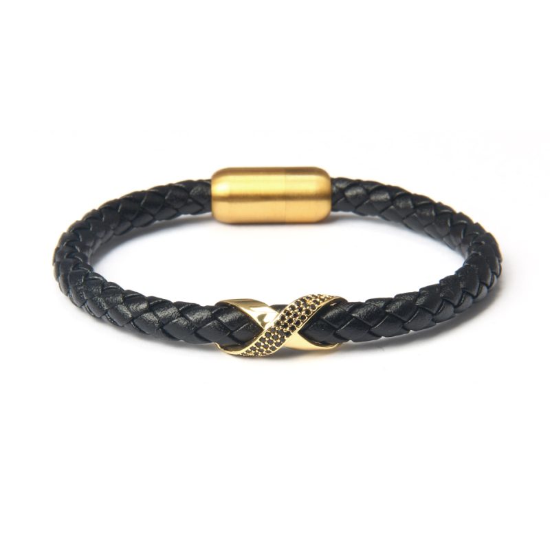 Black Leather Bracelet with Gold Accent