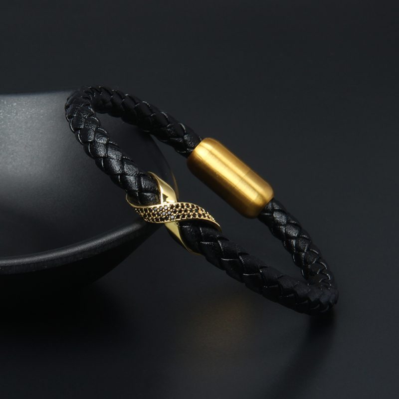 Black Leather Bracelet with Gold Accent