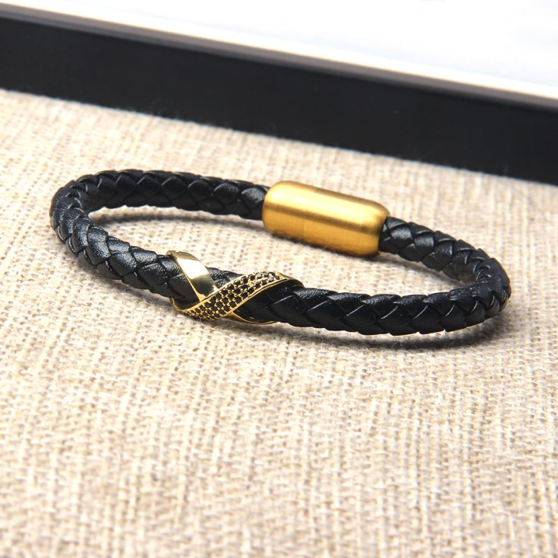 Black Leather Bracelet with Gold Accent