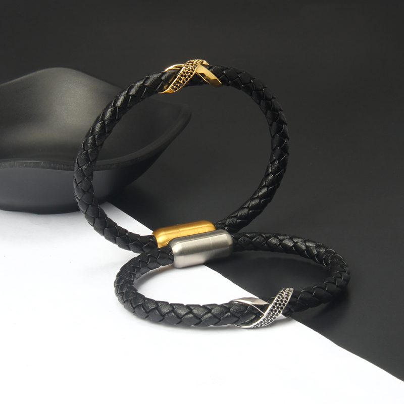 Black Leather Bracelet with Gold Accent