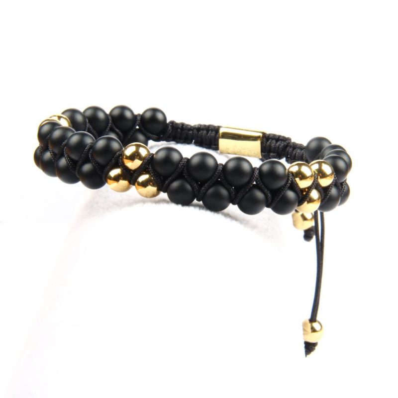 Matte Black Bead Bracelet with Gold Spheres